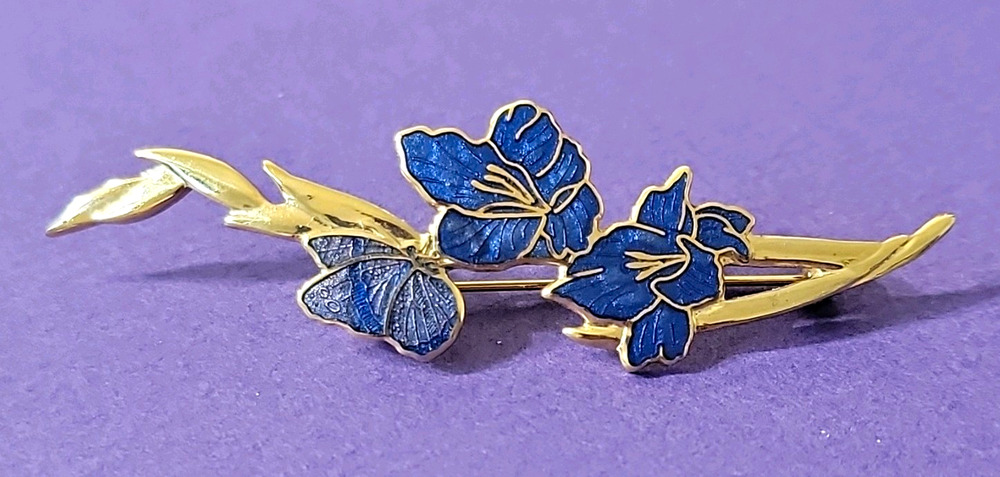 Vintage Fish & Crown Cloisonne Enamel Brooch, Butterfly & Blue Flowers, Signed